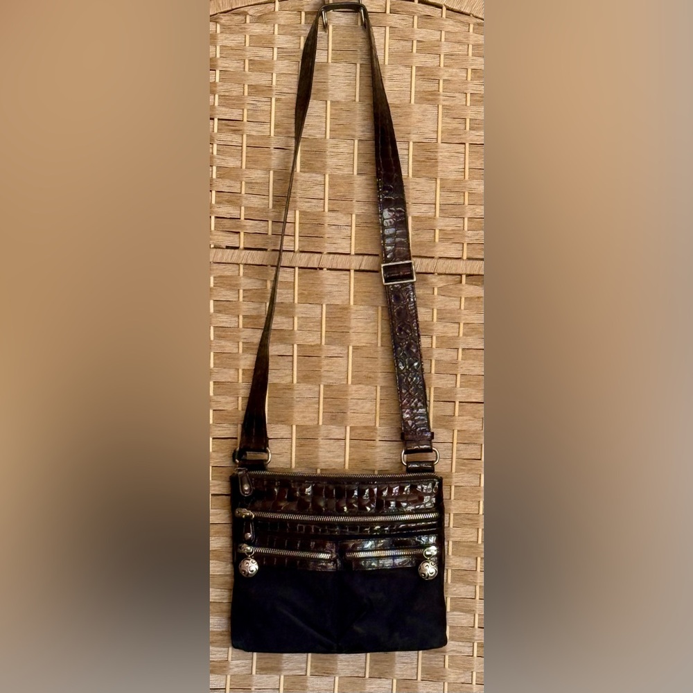 Brighton Black Nylon with Brown Patent Leather Croc-Embossed
Detailed Crossbody